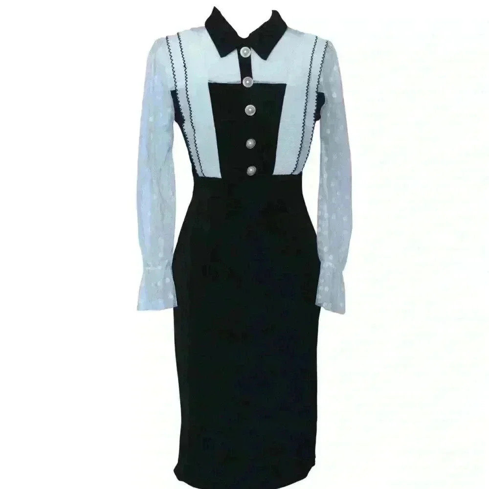 Cassandra White Sheer Sleeve Midi Dress in Black